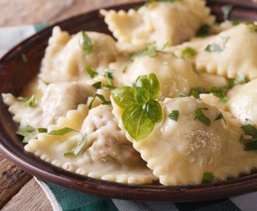 Hot Ravioli Closeup On A Plate. Horizontal, Rustic Style